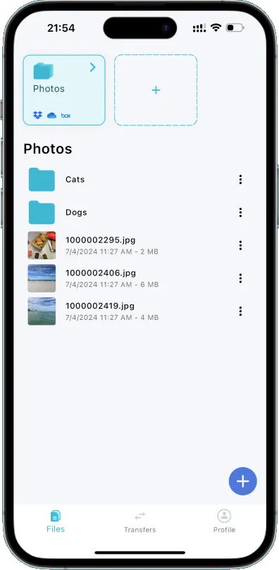 Clouster app showing files from multiple clouds in one view